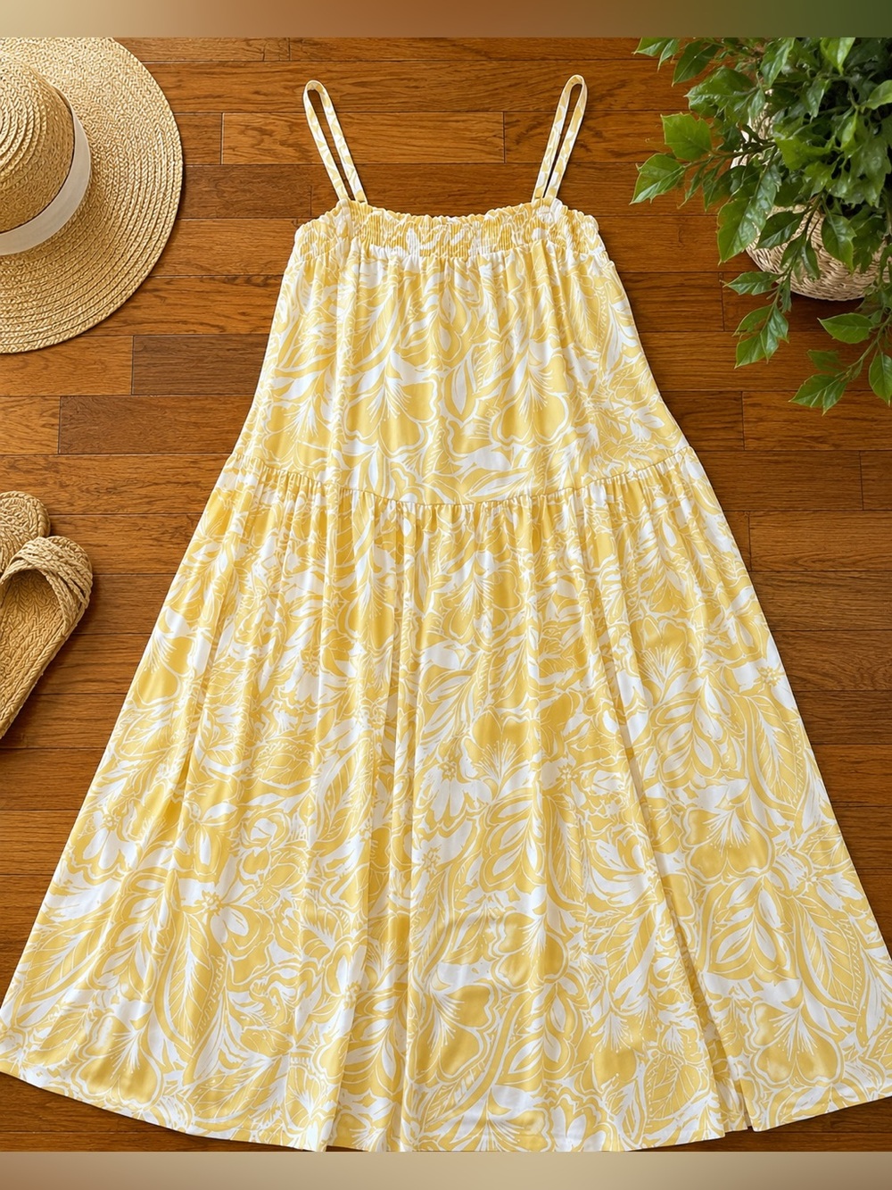 Old Navy Yellow Tropical Print Midi Sundress XL NWT Smocked Strappy Summer Dress